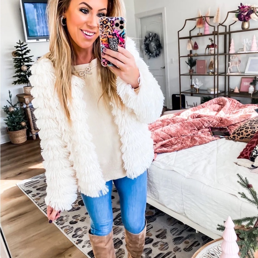 Women' white blazer Cardigan Faux Fur Coat VParka Shaggy Jacket Warm